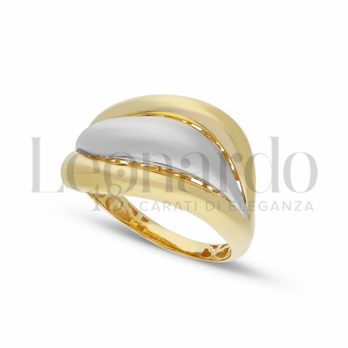 Anello a Fascia da Donna, realizzato con lavorazione 3D, finitura lucida in Oro Giallo e Oro Bianco
