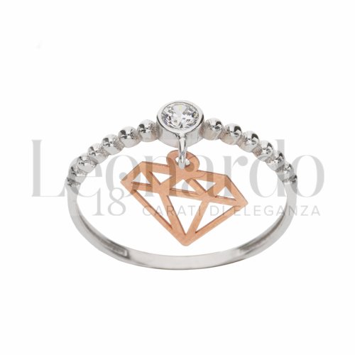 Anello da donna, con elemento pendente, in Oro Bianco e Oro Rosa