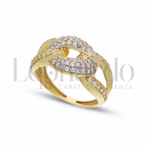 Anello Grumetta da Donna, con Pavè di Zirconi Bianchi, finitura lucida, in Oro Giallo e Oro Bianco