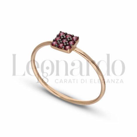 Anello da donna, Shiny Collection, con elemento centrale a forma di quadrato, 1° misura, in Oro Rosa con Zirconi rossi